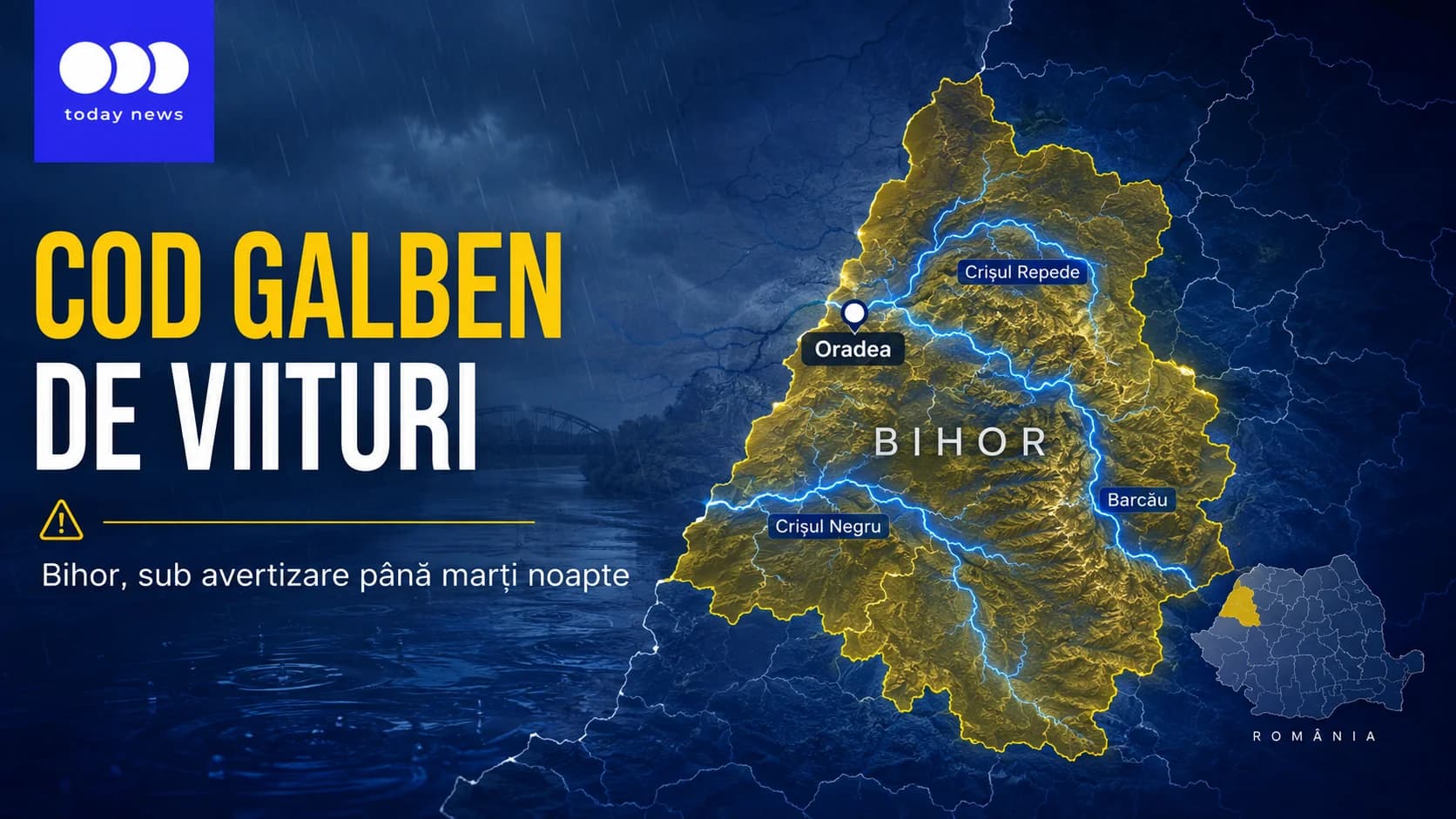 Cod galben de viituri în Bihor: Crișul Repede, Barcăul și Crișul Negru, sub avertizare până marți noapte